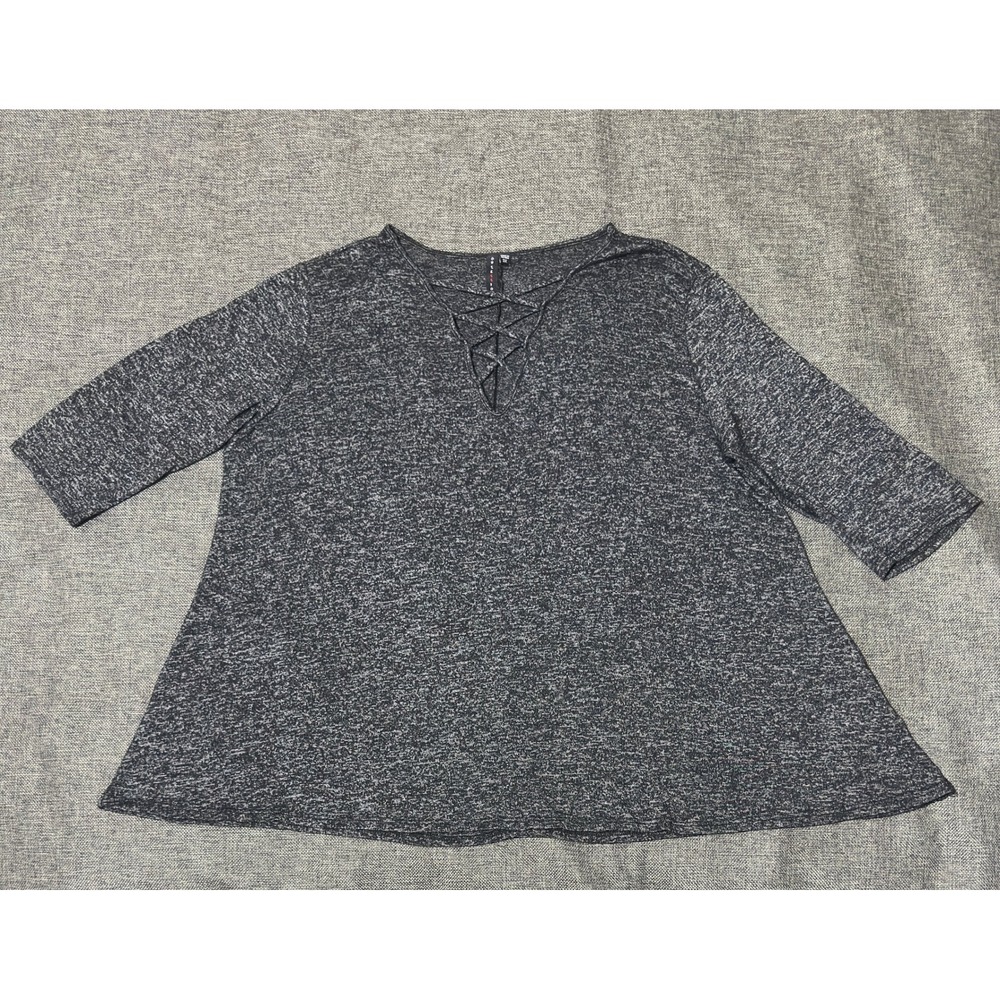 Obsession Womens 3X Top Lace Up Neck Space Dye 3/4 Sleeve Grey